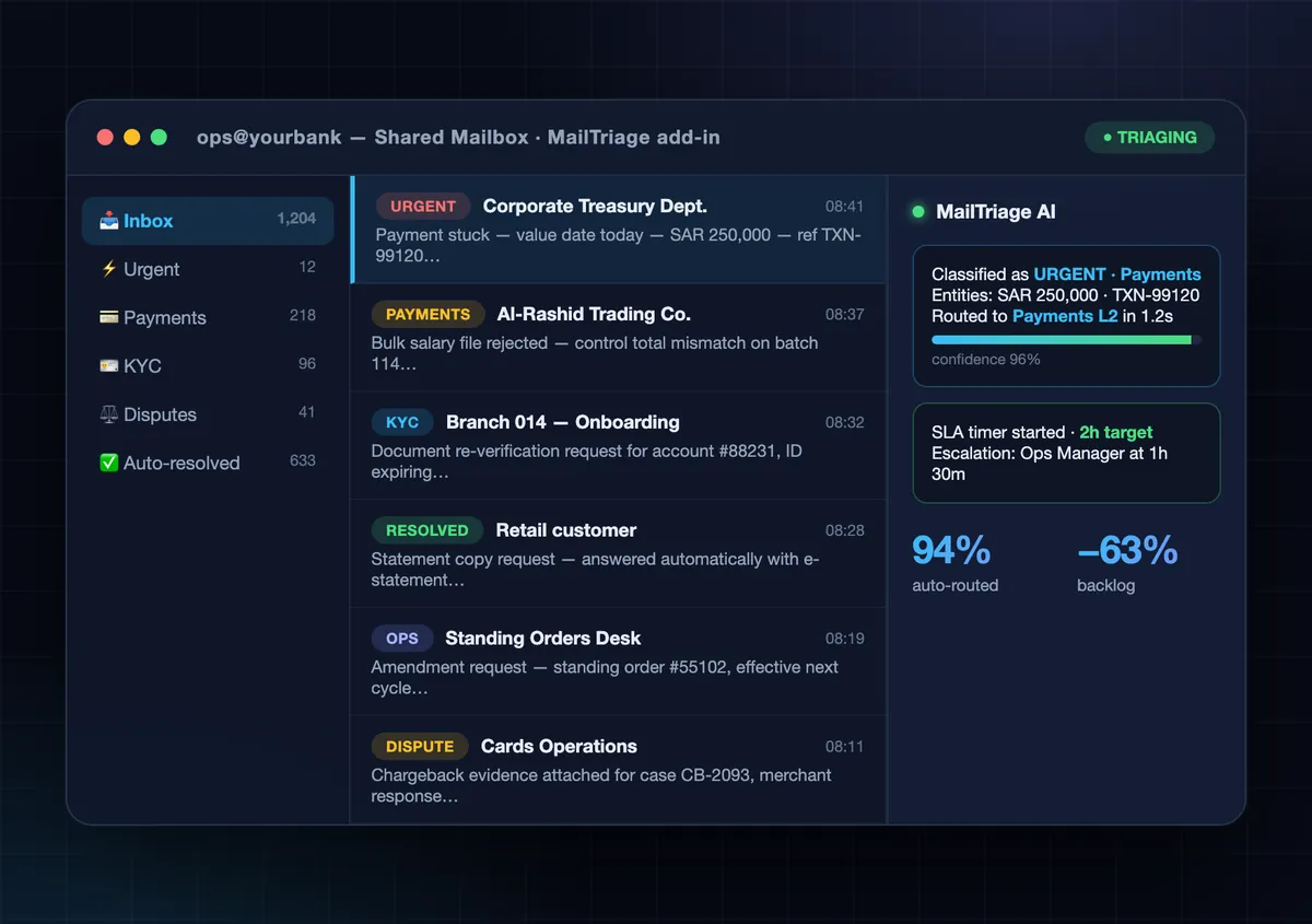 MailTriage operations inbox with AI-classified emails and routing decisions