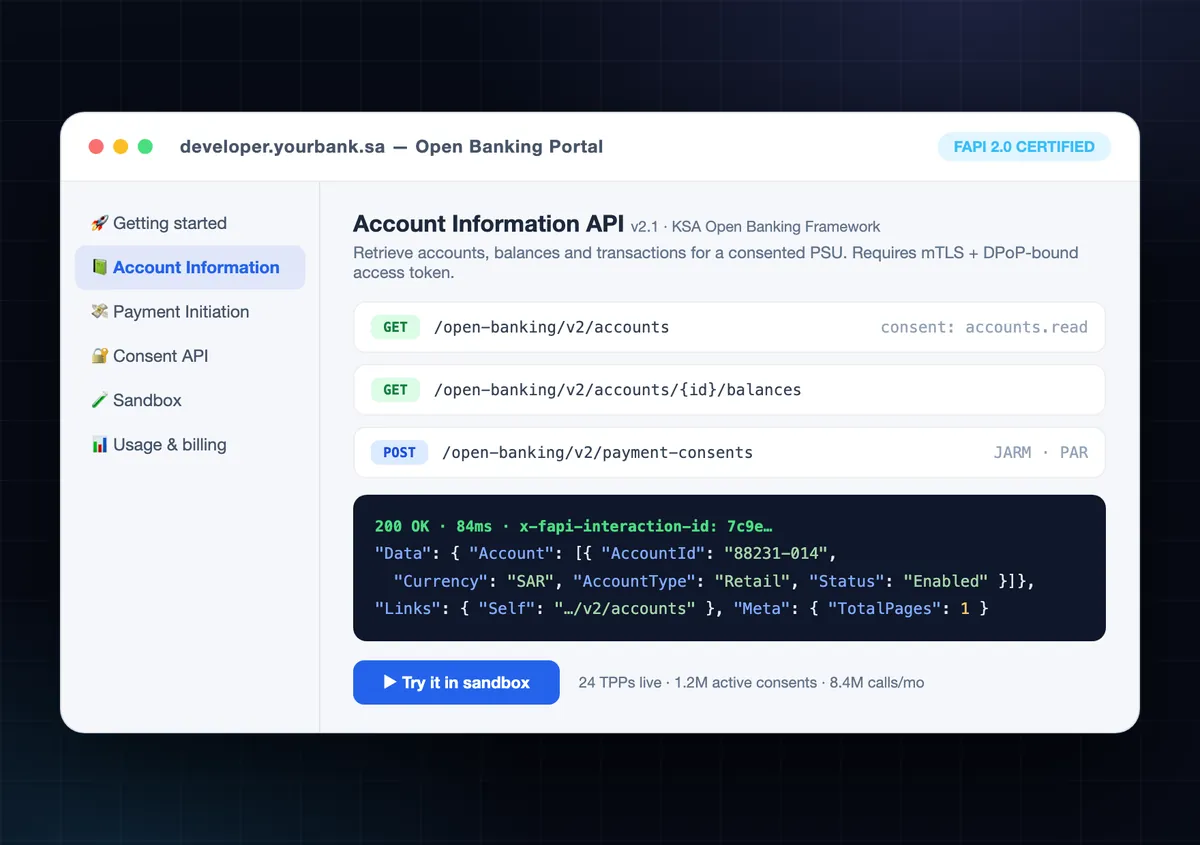 Open Banking Platform console showing TPP registry, consent lifecycle and FAPI 2.0 security profile