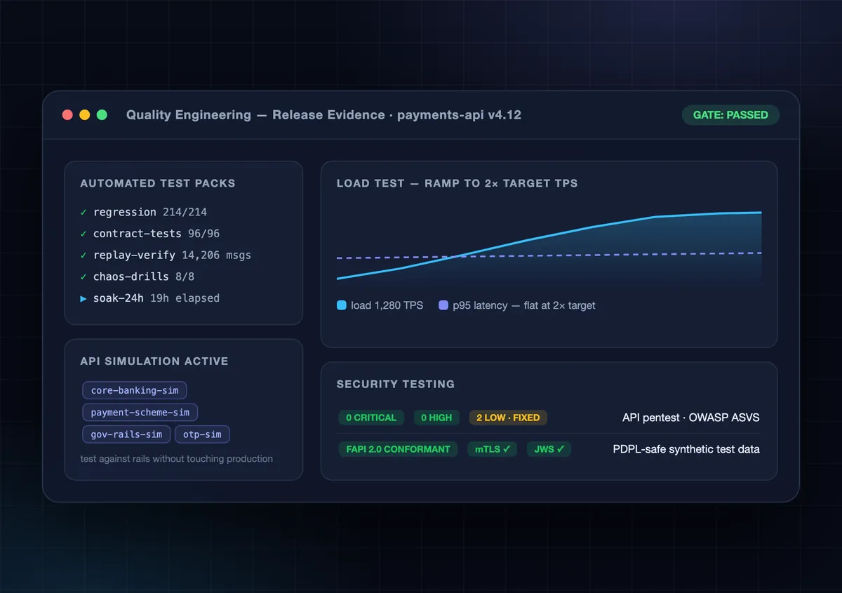 Quality engineering console with automated test packs, API simulators, load test ramp chart and security scan results